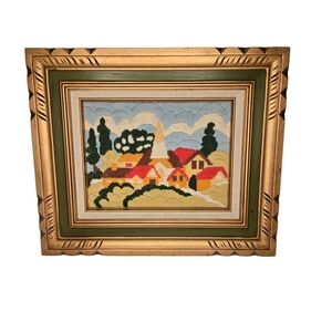 Vintage Wood Framed Crewel Embroidery Landscape Country Village Autumn Colors